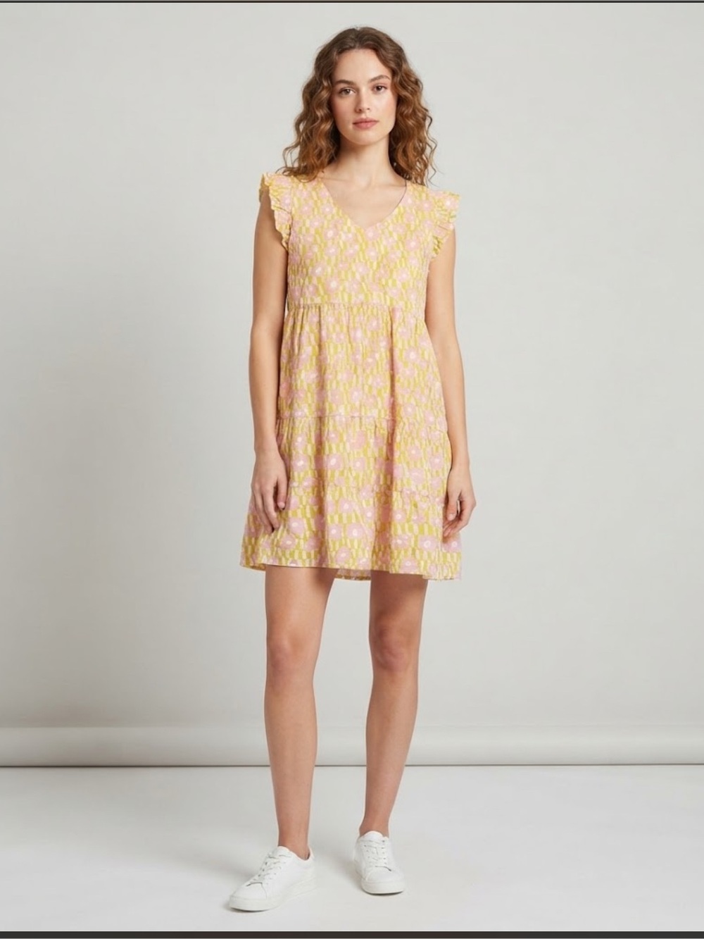 KORI Floral Checkerboard Tiered Mini Dress - Size L